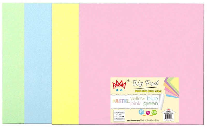 4A Sticky Big Pad,11 x 11 in,Large Size,Pastel Yellow,Blue,Pink,Green,Self-Stick Notes,30 Sheets/Pad,4 Pad/Pack,4A BP 1111-Px4 - Image 2